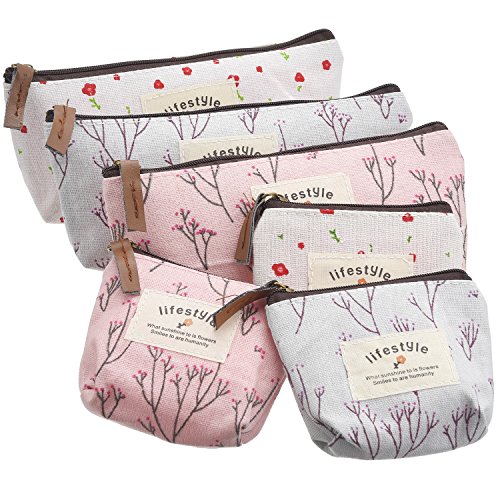 TecUnite Pack of 6 Pencil Case Countryside Flower Cosmetic Makeup Bag Cute Floral Canvas Zipper Pencil Pen Cases Multifunctional Fabric Cosmetic Makeup Bag